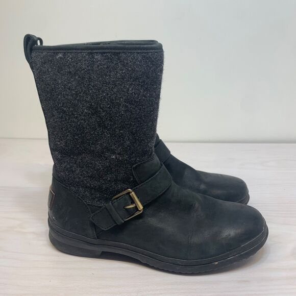 UGG Robbie Boots Womens Size 7 Gray Wool Leather Moto Side Zip Waterproof - Picture 1 of 11